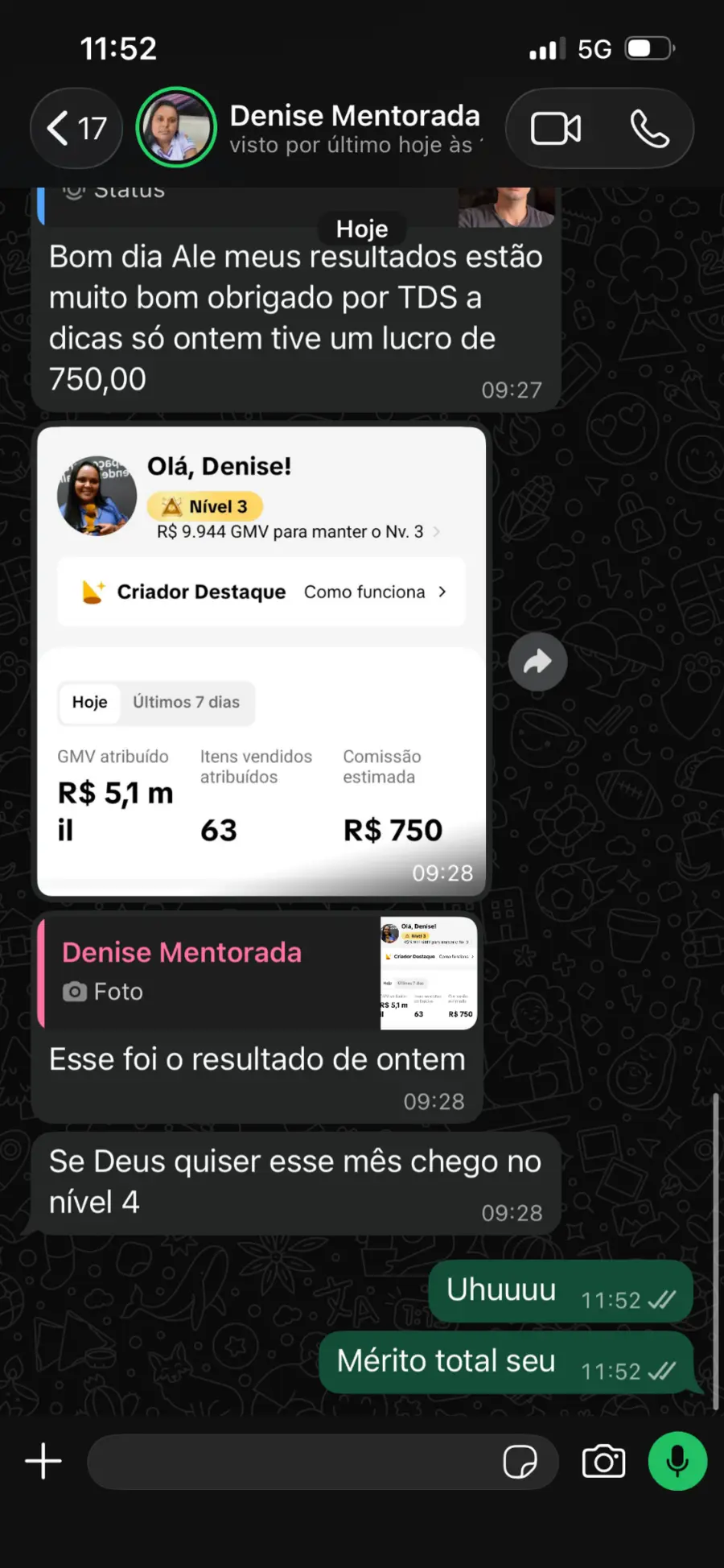 Print com R$ 750 de comissão em um dia